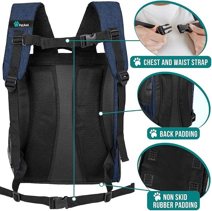 PetAmi Dog Backpack Carrier Airline Approved Cat Pet Puppy Bag, Navy | Ideal for Small Medium Large Pet up to 18 lb, 2 Side Entry Structured No-Collapse Frame, Ventilated Bookbag for Hiking Travel