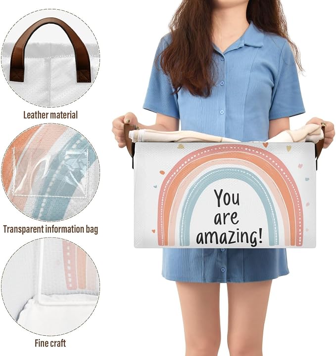 You Are Amazing Quoted Rainbow Positive Baby Storage Basket with Labels&Handles Rectangular Nursery Storage Bins Collapsible Shelf Organizer Baskets for Kids Books Cloth Gift Basket Toys Laundry
