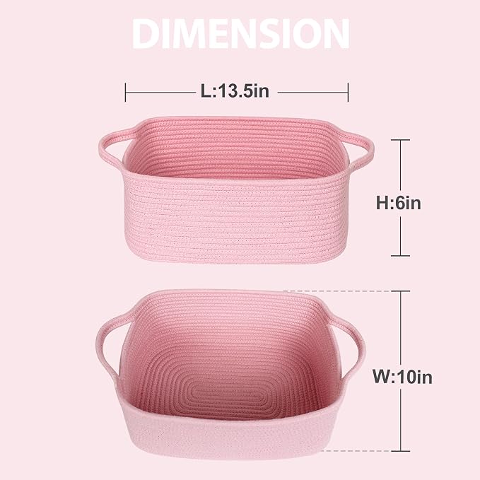 MEGASKET Pink Woven Storage Basket, Cotton Rope Gift Basket Empty, Cute Organizer for Girls, Decorative Baby Nursery Closet Bin, Pink Room Decor, Gift Ready Bin with Handle, Wicker Pet Toy Storage Box