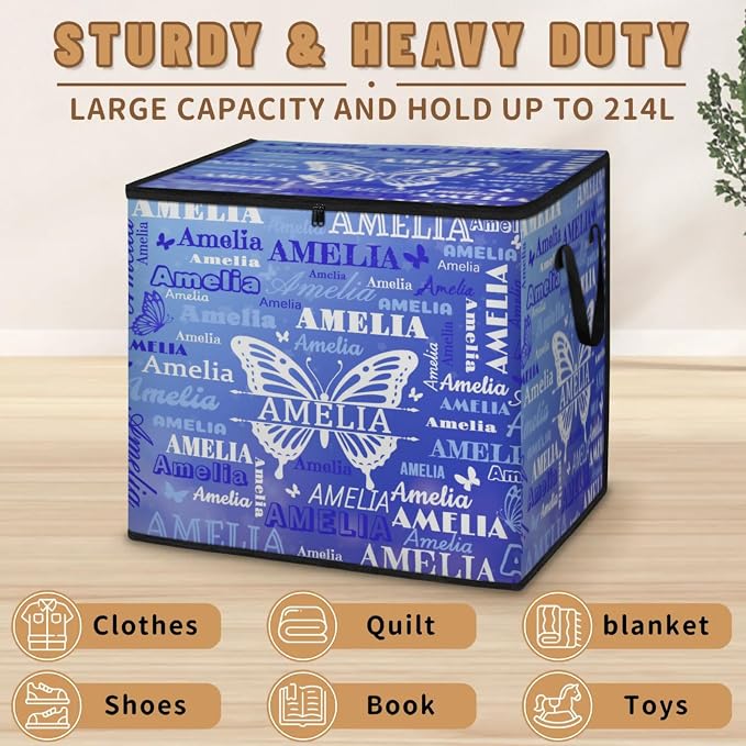 Custom Storage Baskets Cubes for Home with Name, Large Foldable Organizer Collapsible Storage Bins for Home Blanket Comforters Clothes Closet Nursery, Gradient Blue Butterflies