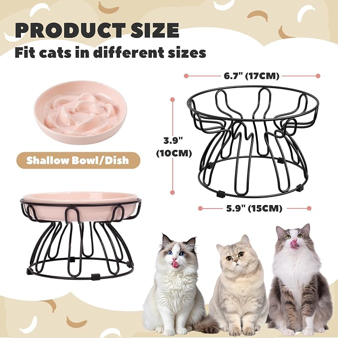 Raised Cat Bowl Stand Metal - Elevated Cat Food Dish Holder with Anti-Slip Sleeves - Lifted Feeding Station Anti Vomiting - 6.7" W x 3.9" H - Black (Bowl Not Included)