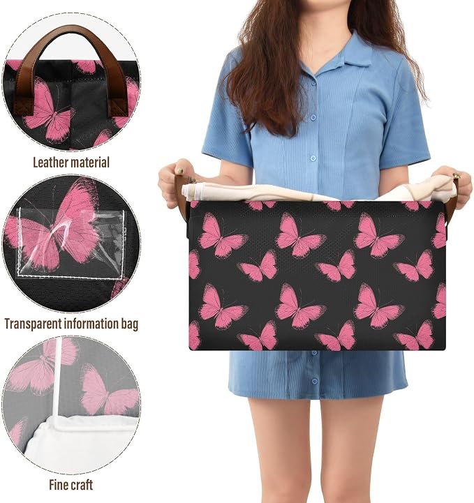 Retro Pink Butterfly Hot Pink and Black Storage Bins for Shelves with Labels&Handles Fabric Organizer Bin Foldable Rectangle Storage Basket Boxes for Closet, Bathroom, Home, Living Room