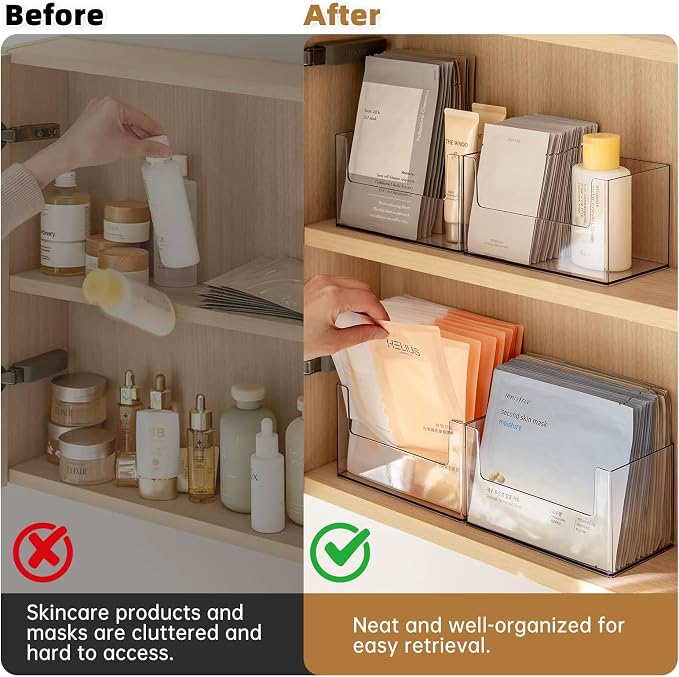 PAVSTINE 2 Pack Clear Medicine Cabinet Organizer, Slim Open Face Mask Storage Box for Sheet Masks and Skincare, Space-Saving Makeup Holder for Bathroom, Vanity, Countertop