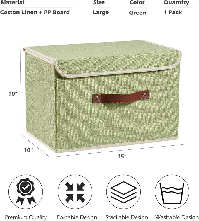 Storage Boxes with Lids Cotton Linen Fabric Bins Baskets | Decorative Collapsible Washable, Clothes Container Organizer for Closet Shelf, w/ Faux Leather Handles, Green, Large