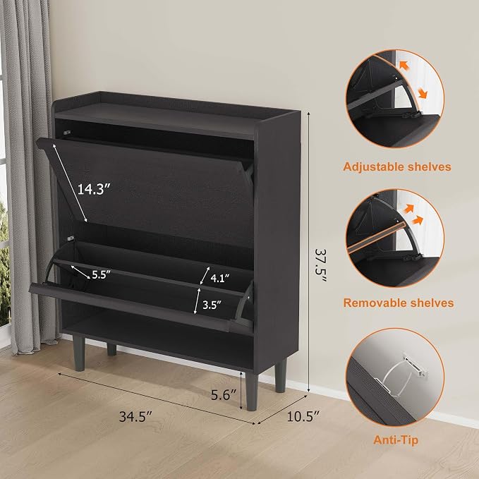 GarveeHome Shoe Cabinet with 2 Flip Drawers, Wooden Shoe Organizer Cabinet with Adjustable Shelf, Shoe Storage for Entryway, Hidden Shoe Cabinet for Hallway, Living Room, Black
