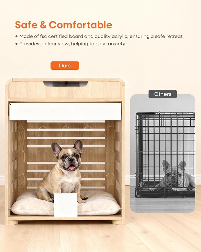 Upgraded Modern Dog Crate Furniture with Charging Station Medium Kennel Indoor with Flip-up Hidden Acrylic Door for Small and Medium Breeds up to 50lb Wood Pet End Side Table Cage, Oak