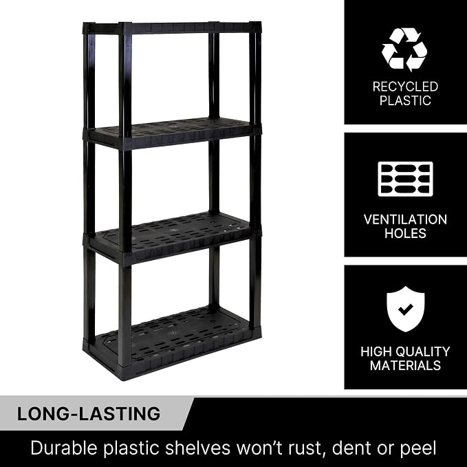 Oskar Heavy Duty Plastic Storage Shelves- for Garage, Kitchen, Bathroom Basement, Kids Room, Toys,Stackable 4-Tier Black, Organizer Rack for Books Shoes, Pantry, Cleaning and Closet Organization