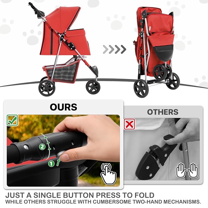 MoNiBloom Pet Stroller for Small/Medium Dogs and Cats up to 33 lbs, Red | Foldable Dog Stroller 3 Wheels Pet Strolling Cart w/ Storage Basket Cup Holder, Breathable and Visible Mesh for All-Season