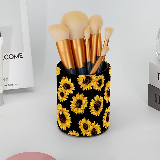 Pen Holder Pencil Holder for desk, Round Desktop Organizer Sunflower Black Pattern Pencil Cup for Office, School, Home and Stationary Supplies