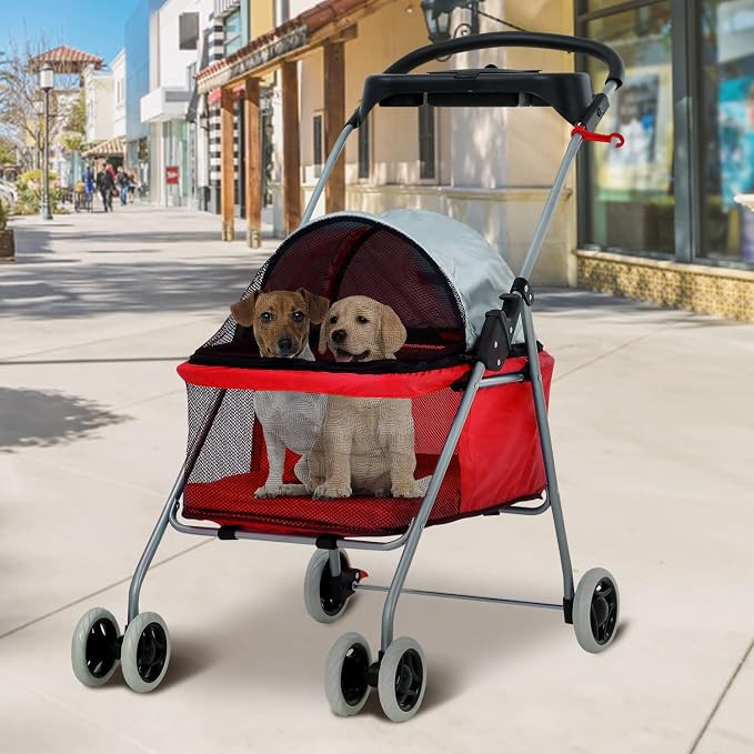 HGS Pet Cat Dog Stroller 4 Wheels Jogger Puppy Travel Carrier Portable Doggie Cage Strolling Cart with Cup Holders, 35Lbs Capacity Folding Waterproof Strolling Cart for Medium Dogs Cats Pet, Red