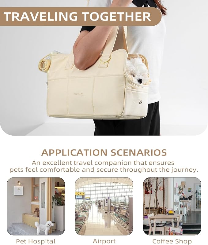 ONECUTE Dog Carrier for Small Dogs Rabbit cat with Large Pockets, Cotton Bag, Dog Carrier Soft Sided, Collapsible Travel Puppy Carrier (Beige, 17" L x 7.5" W x 12" H)