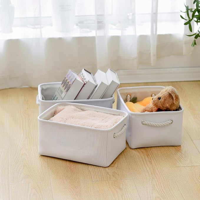 Decorative Basket for Organizing - Medium-1Pack 13.8L*9.8W*6.7H Rectangular Fabric Storage Bin Organizer Basket with Handles for Clothes (White)