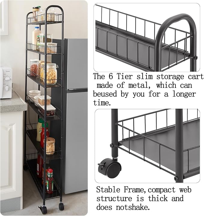 6in 6 Tier Slim Storage Cart with Wheels,Narrow Space Rolling Shelving Unit with Handle, Metal Wire Mobile Organizer Rack for Kitchen Bathroom Office Laundry