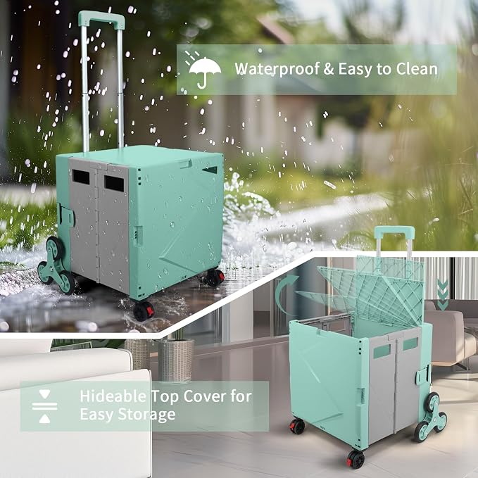 76L Folding Utility Cart Portable Rolling Crate Handcart Shopping Collapsible Tool Box with Stair Climbing Wheels,Hidden Lid,2 Rotate Wheels,for Grocery,Shopping,Office,Storage(White)