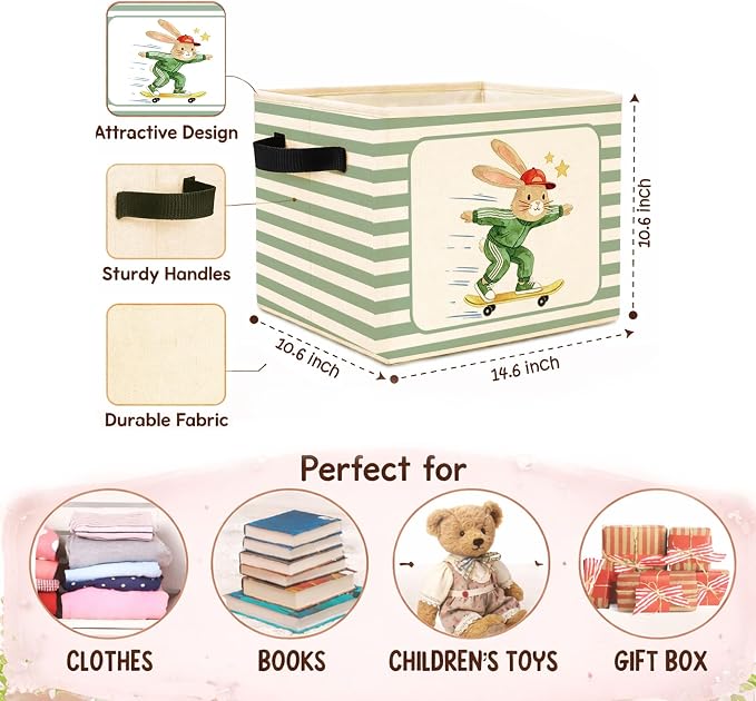 Skateboard Bunny Storage Bin, Foldable Fabric Basket for Kids Room | Foldable fabric storage bin with sport bunny design for toys, books, clothes, nursery, bedroom, and playroom use.
