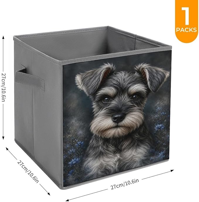 Schnauzer Dog Portrait With Blue Flowers Storage Bin with Handles, Oxford Fabric Foldable Storage Cube Organizer for Clothes, Towels, Bedroom, Living Room, Home Organization