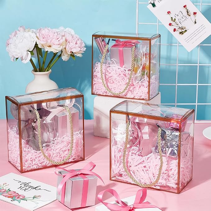 BENECREAT 20-Pack Transparent Favor Boxes, 5.5x5.5x3inch PET Plastic Gift Boxes with Gold Border, Durable Rectangle Party Box for Weddings Birthdays Parties