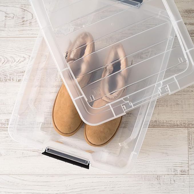 IRIS USA 4-Pack 32 Quart Storage Bins with Lids, Clear | Visible storage saves time, Great for linens, décor, closet storage, and supplies, Nestable design saves space