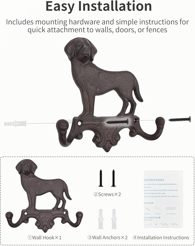 Cast Iron Dog Wall Hooks for Hanging, Heavy Duty Dog Leash Holder for Wall Mount Coat Hooks Decorative Key Hanger Vintage Farmhouse Entryway Cute Animal Decor Rustic Brown 1 Pack