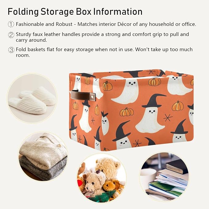 Kigai Storage Basket, Fabric Collapsible Closet Organizer Bin | Halloween Boo Waterproof Foldable Canvas Basket with Handles for Shelves, Nursery, Closet, Bedroom & Bathroom
