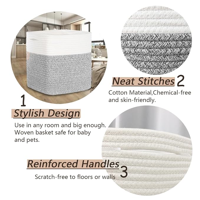 COMFY-HOMI 3PACK Cotton Rope Square Basket with Handles for Shelves|Dog Toy Bin and Storage|Baby Gift|Shoe Organizer|New 11" x 11" x 11" for Living Room