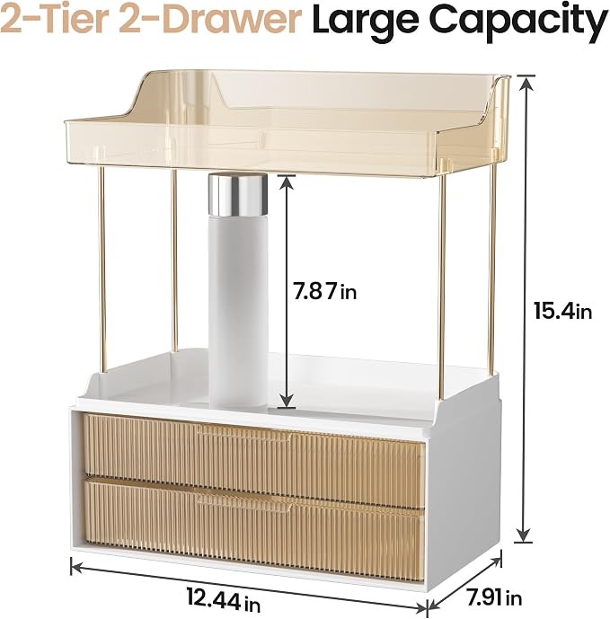 Delamu 4-Tier Makeup Organizer, Bathroom Counter Storage, 2 Drawers, Amber | Elegant Vanity Organizer Gift for Women, Holds Perfume, Skincare, Nail Polish & Hair Accessories for Bathroom Countertop