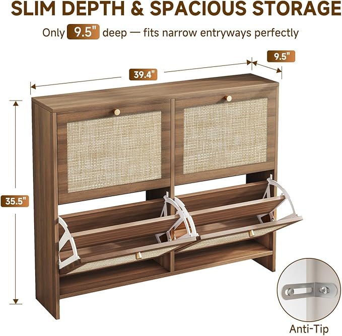 Shoe Cabinet Storage for Entryway, 4-Flip Drawer Narrow Shoe Rack with Adjustable Shelves, Boho Modern Square Rattan Shoe Organizer, Slim Wood Storage Cabinets for Small Spaces Fits Size 13.5