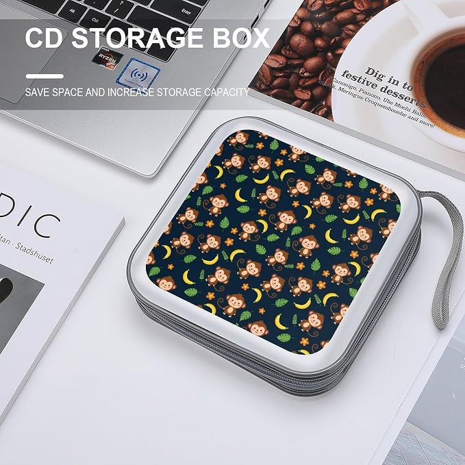 Hard Plastic CD/DVD Organizer Animal Print Monkey, 40-Disc Storage Binder with Zipper, Portable Protective Case for Car Office