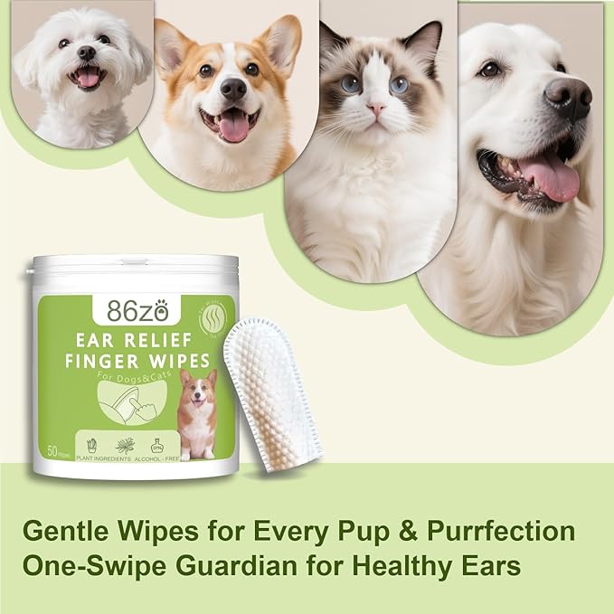 Dog Ear Finger Wipes for Dogs & Cats, Thicker Dog Ear Cat Ear Cleaner Wipes, Dog Ear Infection Relief to Relieve Ear Itching, Remove Ear Wax, Dirt, Smelly - Fresh Green Tea Scent