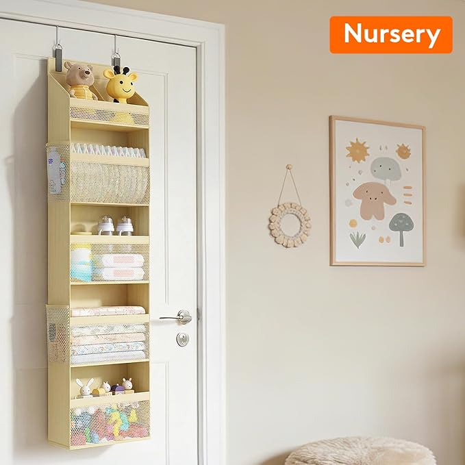 Lifewit 5 Tier Over the Door Organizer, Diaper Hanging Storage, Beige | Nursery Sturdy Large Heavy Duty Back of Door Shelf with 4 Mesh Side Pockets, for Baby Stuff Toy in Pantry, Laundry, Bathroom