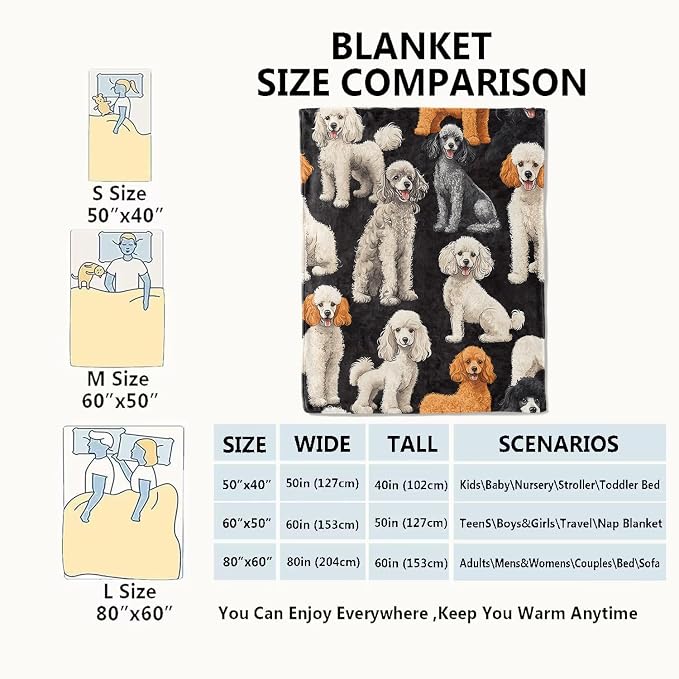 Poodle Blanket Cute Dog Throw Blankets with Multiple Colors Puppy,Birthday Gifts for Kids Adult & Pet Lovers,Lightweight Soft Fleece,for Sofa Couch Bed Room Decor 60x80in