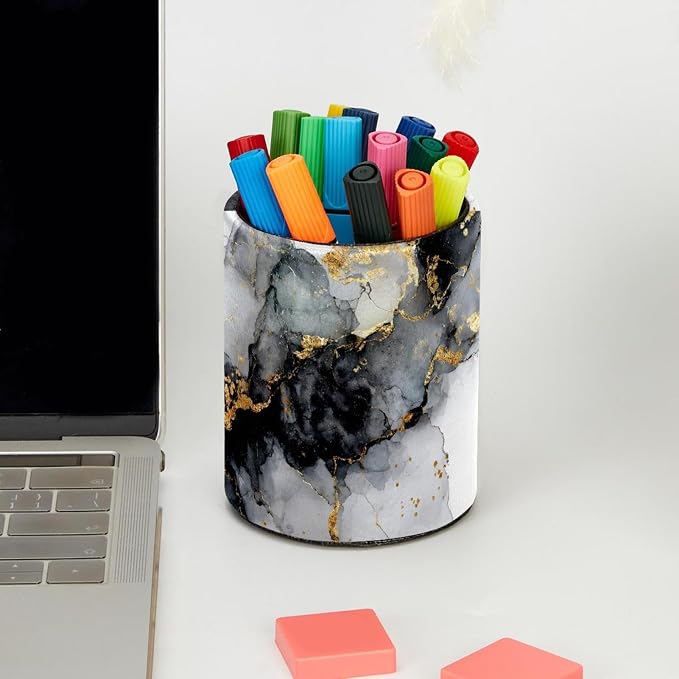 Faux Leather Pen Holder for Desk, Pencil Organizer Marble Texture Pen Cup Desk Decor Makeup Brush Holder Storage for Office Home