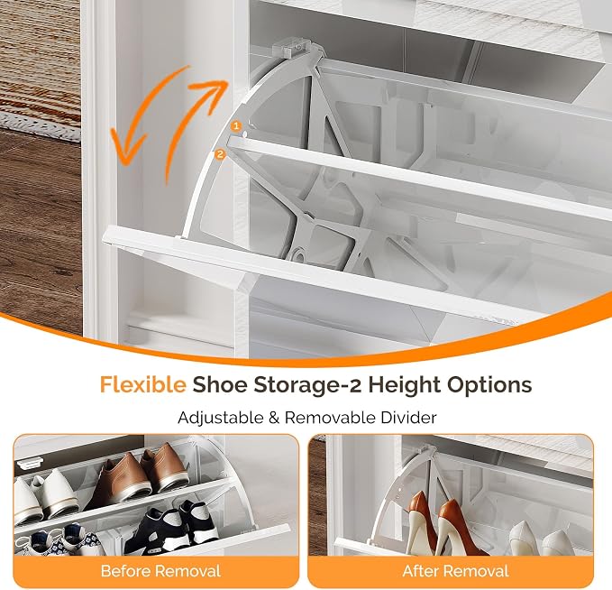 VINGLI Modern High Gloss Shoe Cabinet with LED Lights, Narrow Shoe Storage Organizer with 2 Flip Drawers & Side Cabinet for Tall Boots, Slim Entryway Space Saving, 42", White
