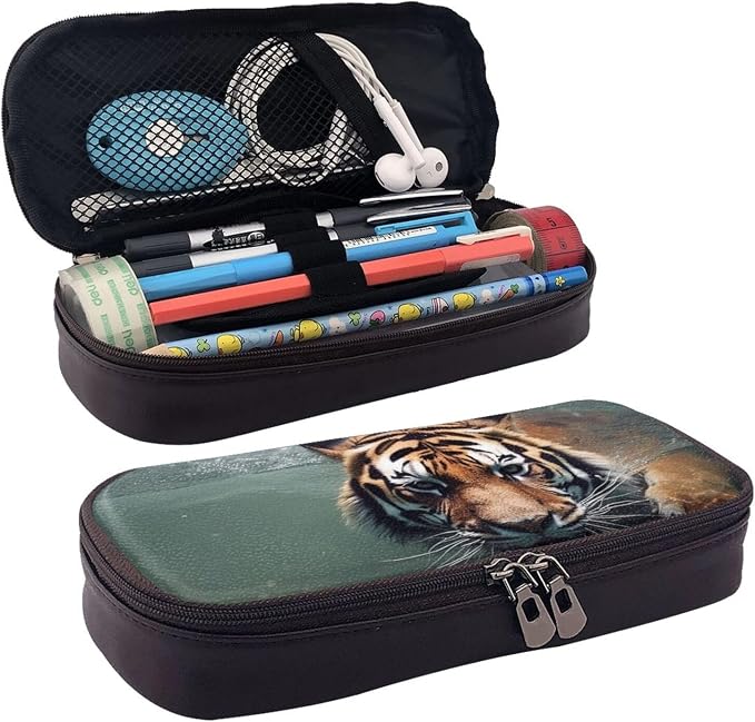 Leather Pencil Case Organizer Big Capacity Pencil Pouch Storage Bag With Compartments Cute Pencil Bag Tiger Swimming Pen Box Portable Cosmetic Makeup Bag Organizer