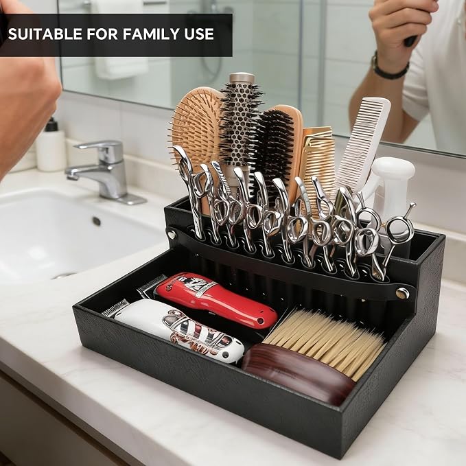 Barber Station Tray for Scissors Holder & Clippers Organizer, Barber Accessories Storage Station for Combs/Hair Clip/Trimmers, Barber Salon Home Desktop Tool Organizer(Small 11.9" x 8.8" x 4.4")