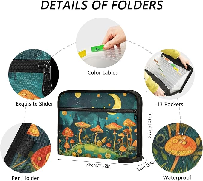 13 Pocket Zipper Expanding File Folder A4 Snail Mushroom | Accordion File Organizer with Front Pouch A4 Letter Size Portable Folders for Documents Receipt School Office Supplies