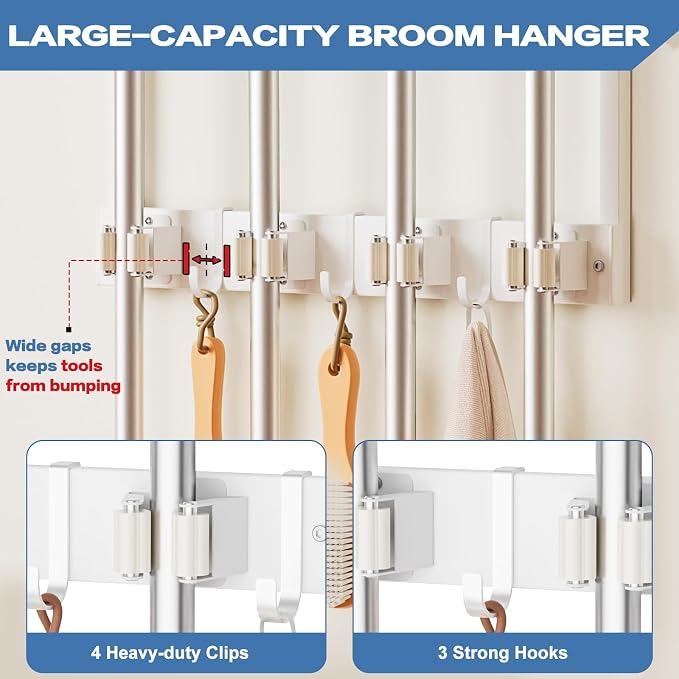 Olakee Broom Holder Wall Mount with Cleaning Supplies Organizer, Laundry Room Organization and Storage Shelves, Mop Hanger Rack with Hooks, Utility Shelf Closet Organizer for Garage Home Improvement