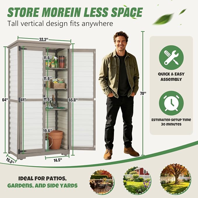Outdoor Storage Cabinet – Store More in Less Space, Tall Vertical Garden Tool Organizer with 4 Shelves & Long Handle Storage, Weather-Resistant Patio Cabinet for Backyard, Garden, Side Yard