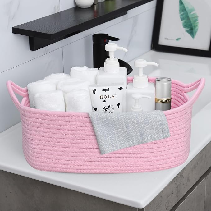 ABenkle Small Storage Basket with Handles, Cotton Rope Woven Dog Cat Toy Bin, Decorative Shelves Closet Organizing for Nursery Laundry Bedroom Bathroom, 14.2''x 11''x 5.1''