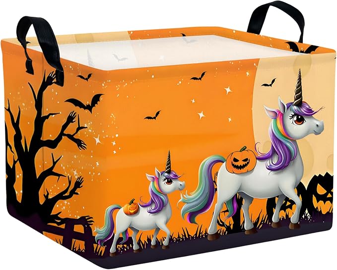 Halloween Basket Gift Cute Pumpkin Ghost Parties Decor Kid Trick or Treat Basket for Boys and Girls Rectangular Storage Bin Box (Unicorn Bat)