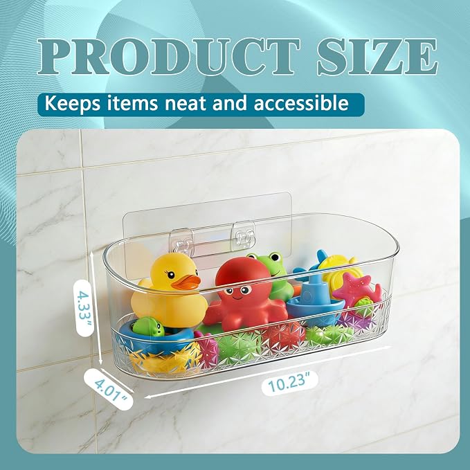 Bath Toy Storage Holder, Bathtub Organizer with Drain Holes, Clear 2 Pack | Large Capacity Clear safe Clear Adhesive Shower Caddy Resistance, No Rust, No Drill Plastic Wall Mounted shower caddy