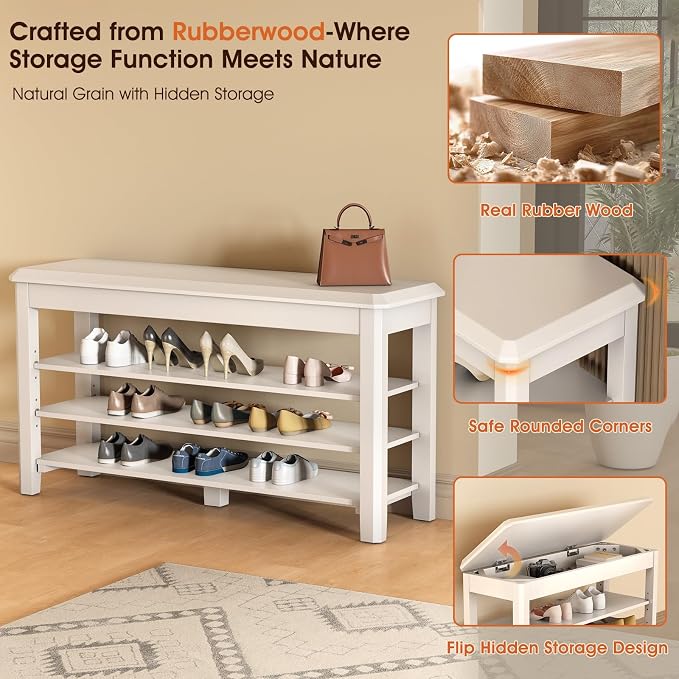 IUNVR Shoe Rack Bench Seat Rubberwood 3-Tier Wooden Storage Bench 550lbs Compact Mid-Century Modern Design for Entryway, Hallway, Closet, Front Door Entrance, Foyer