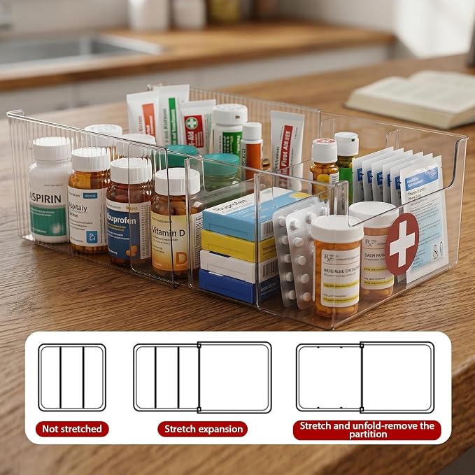 Expandable Medicine Cabinet Organizer, Clear Medication Storage Bin with Removable Divider, Vitamin Bottle Organizer for Countertop Bathroom Cabinet, Prescription Bottle and First Aid Supplies