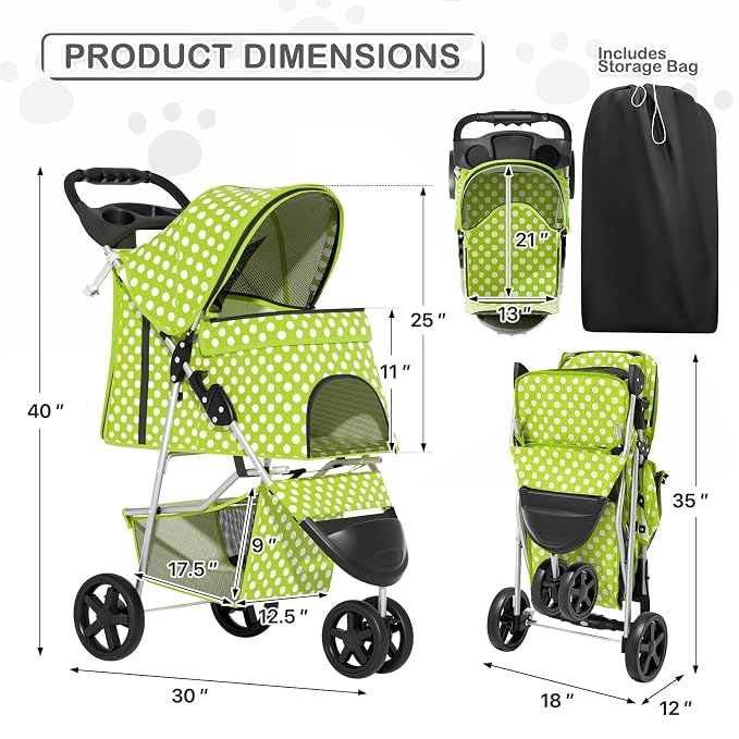 MoNiBloom Pet Stroller for Small/Medium Dogs and Cats, Lawn Green | Foldable Dog Stroller 3 Wheels Pet Strolling Cart w/ Storage Basket Cup Holder, Breathable and Visible Mesh for All-Season