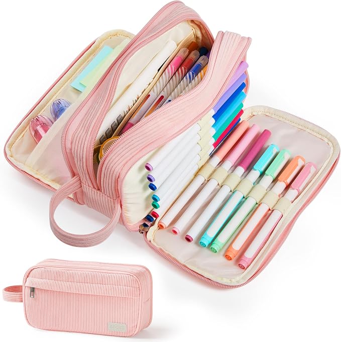 Sooez High Capacity Pencil Case, Soft Corduroy Pencil Pouch with 4 Compartments, Multiple Pockets, Large Pencil Bag with Sturdy Zipper, Cute Pencil Case Pouch Organizer for Student Teen Girls, Pink