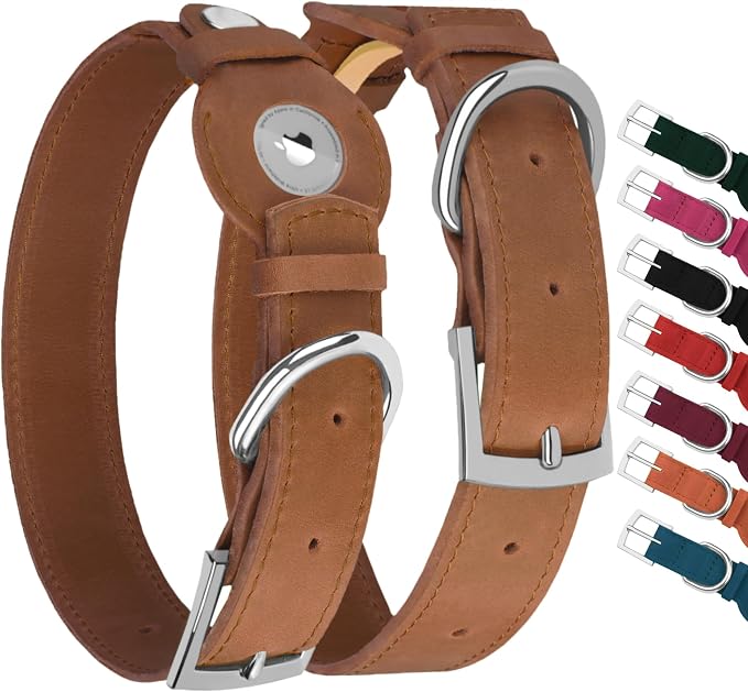 Leather Dog Collar with Airtag Holder - Apple Air Tag Dog Collars - Soft Tracking GPS Pet Collar for Small Medium Large Dogs Breed Puppy (Brown, XL, 19"-24" Neck Fit)
