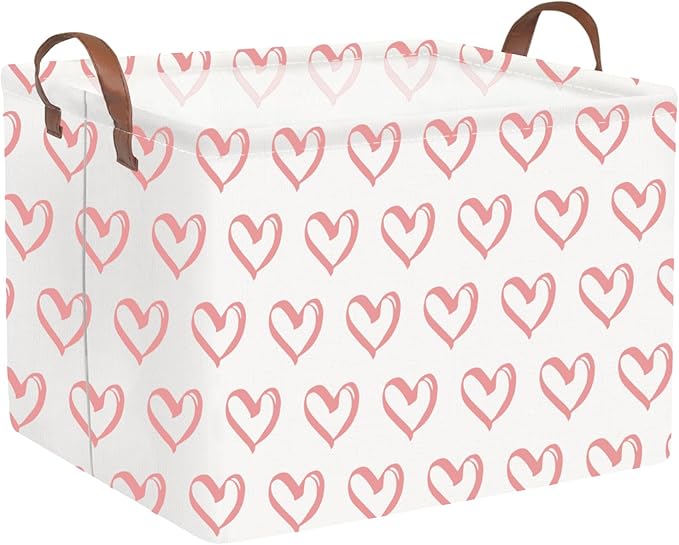 FXOLCSHE Rectangular Valentines Basket,baby Gift Baskets Empty,Pink Gift basket with Handle Organizer,Heart Print easter Baskets,Girl Room Decor(Pink hearts)