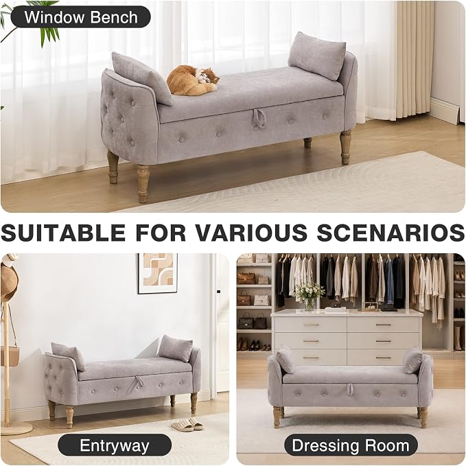 End of Bed Storage Bench Queen Size,51" Upholstered Bedroom Bench,Khaki | Linen Storage Bench for Bedroom End of Bed ,2 Cushion, Vintage Wood Legs ,Tufted,Storage Ottoman Bench for Entryway Window