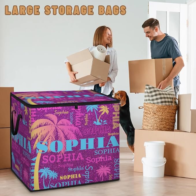 Custom Storage Baskets Cubes with Name, Dark Magenta Purple Pink Yellow Blue Tropical Palm Trees Large Foldable Organizer Collapsible Storage Bins for Home Blanket Comforters Clothes Closet Nursery