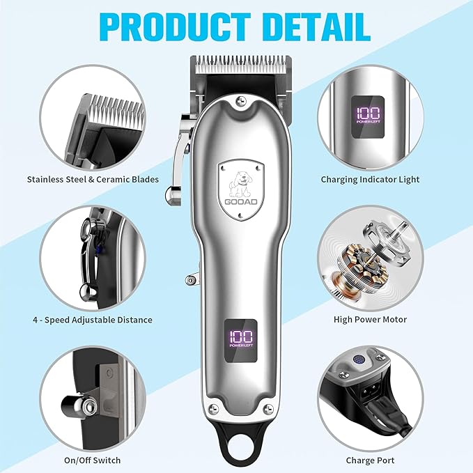 Dog Clippers for Grooming for Heavy Thick Hair&Coats,Low Noise Dog Hair Trimmer,Rechargeable Cordless Pet Shaver with Stainless Steel Blade, Dog Grooming Kit for Small Large Dogs Pets (Sliver)